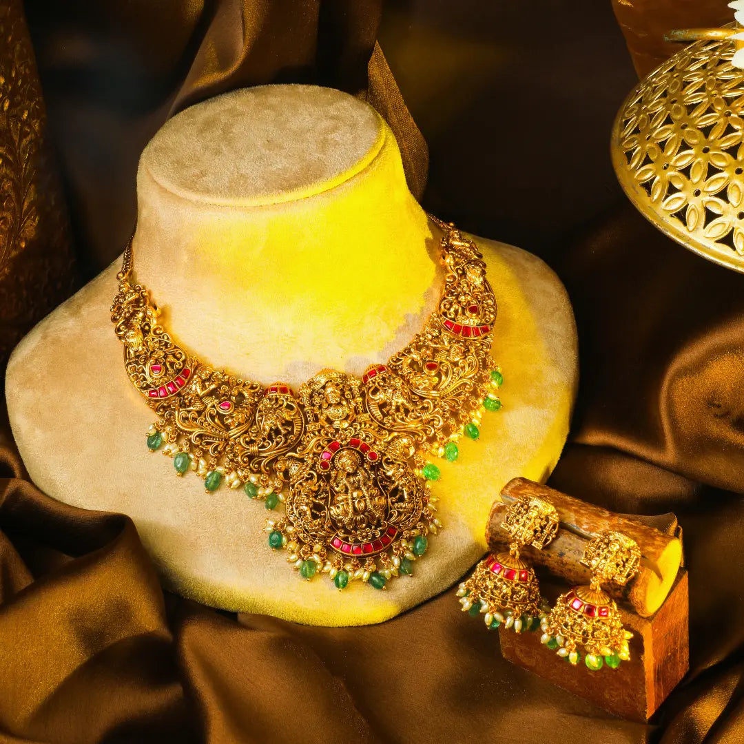 Rukmini Archana Haar Short Necklace Set | Gold-Plated Temple Jewellery J-1135