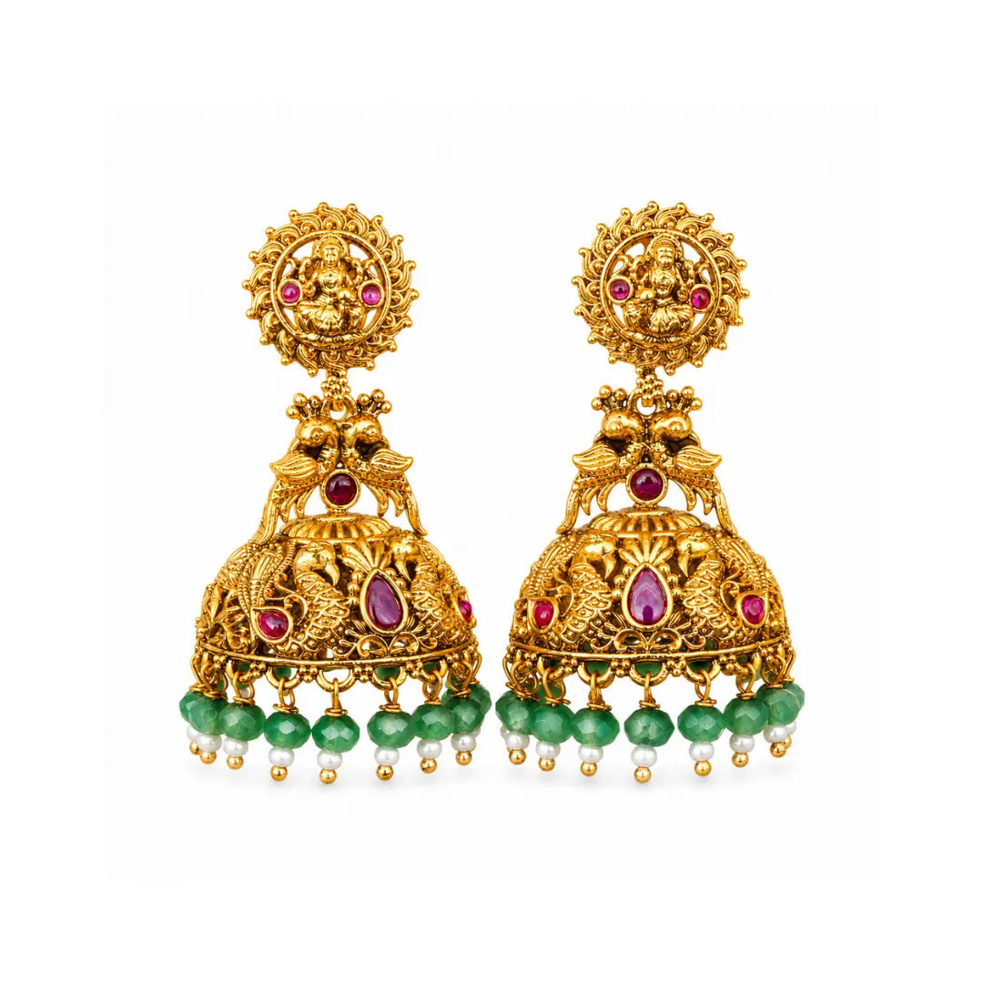 Temple Jhumka Earrings with Laxmi Motif & Green Beads V-562