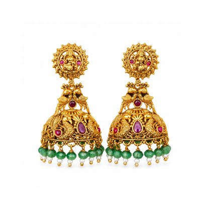 Temple Jhumka Earrings with Laxmi Motif & Green Beads V-562