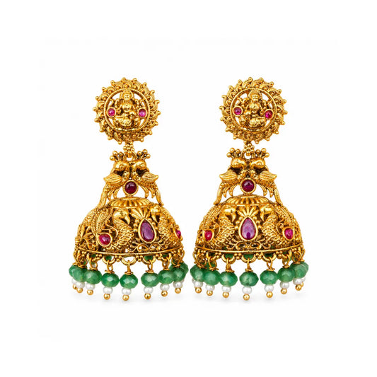 Temple Jhumka Earrings with Laxmi Motif & Green Beads V-562