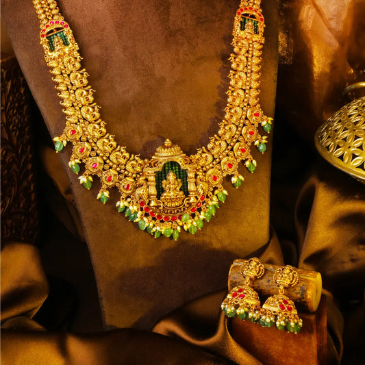 Devi Alankara Kantha Long Necklace Set | Gold-Plated Temple Jewellery J-1024