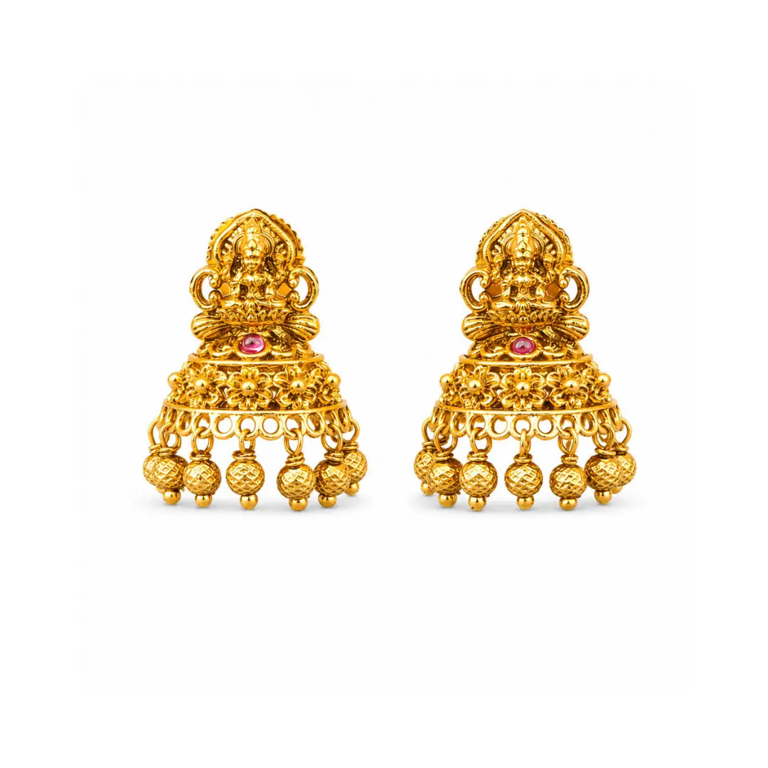Heritage Temple Jhumka with Laxmi Motif & Pink Stones V-2261