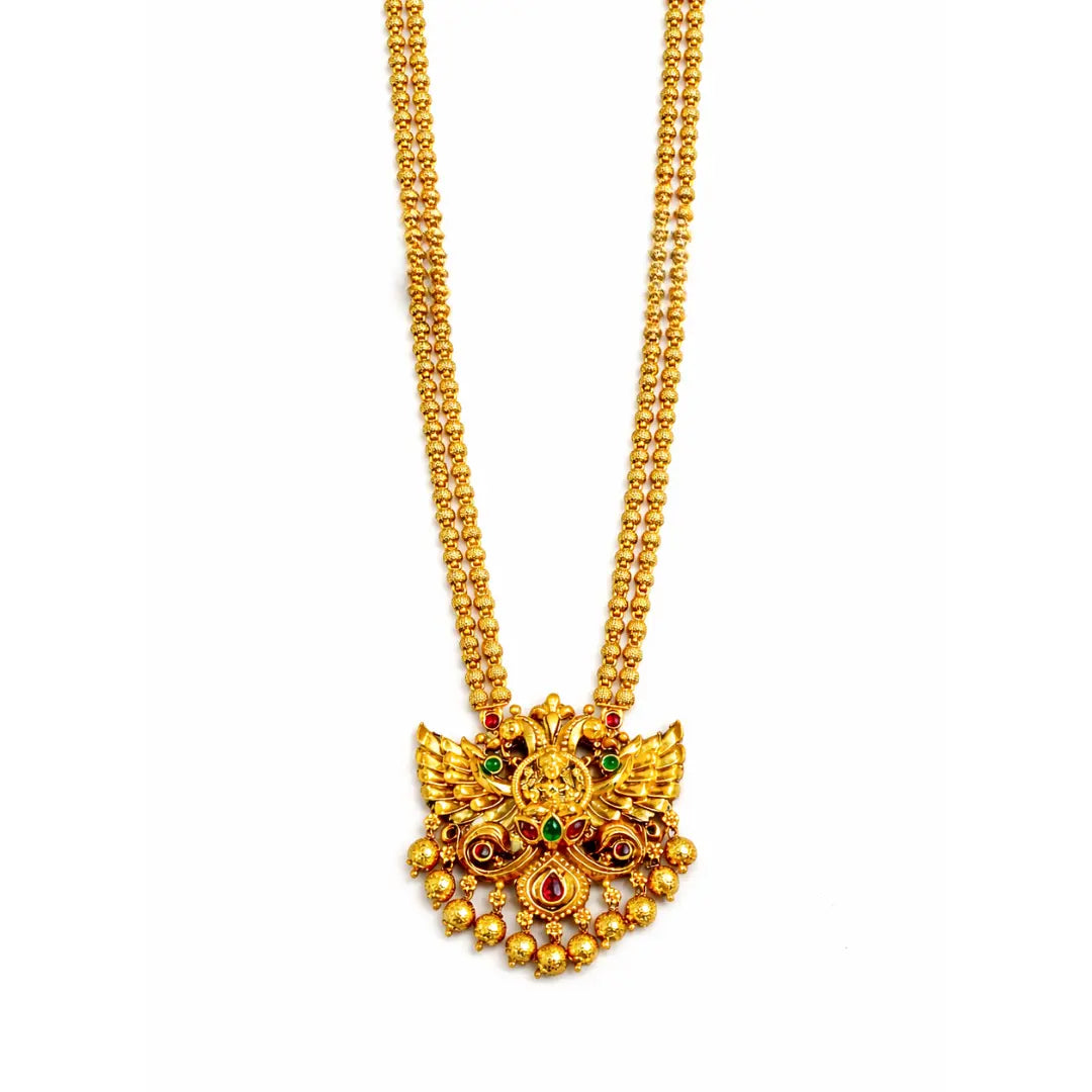 Gandaberunda Temple Jewellery Pendant Set with Long Beaded Chain T-78