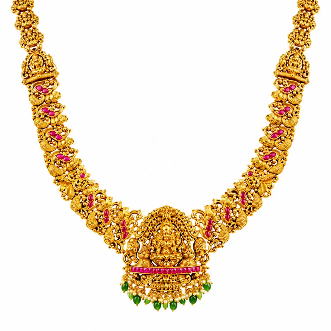 Bhuvana Pushpa Haar Long Necklace Set | Gold-Plated Temple Jewellery J-1052