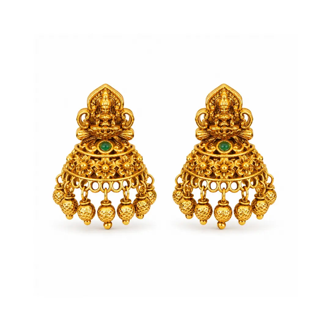 Heritage Temple Jhumka with Laxmi Motif & Pink Stones V-2261