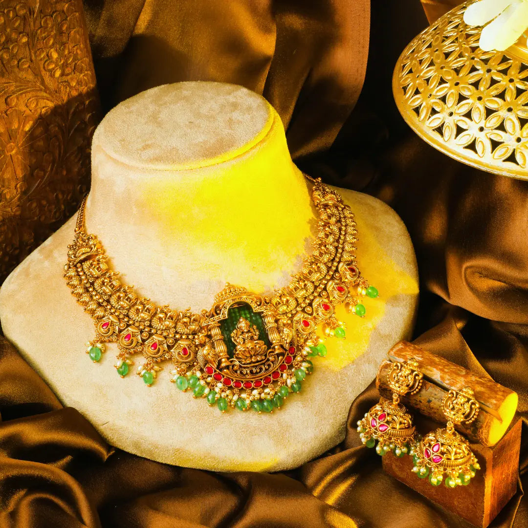 Swarna Kamala Jhumka Short Necklace Set | Gold-Plated Temple Jewellery J-1023