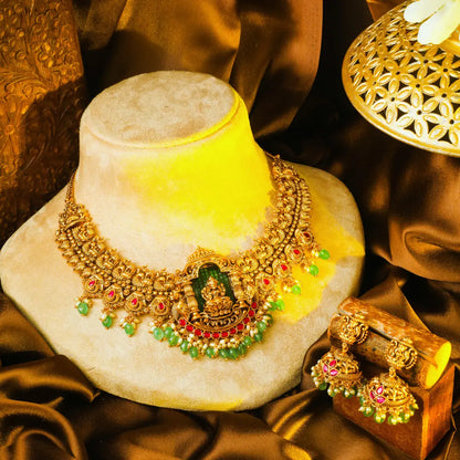 Swarna Kamala Jhumka Short Necklace Set | Gold-Plated Temple Jewellery J-1023