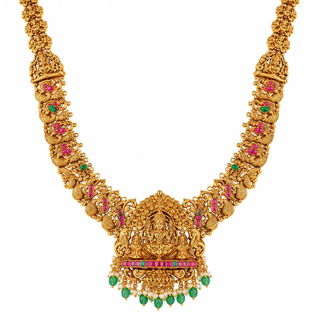 Bhuvana Pushpa Haar Long Necklace Set | Gold-Plated Temple Jewellery J-1052