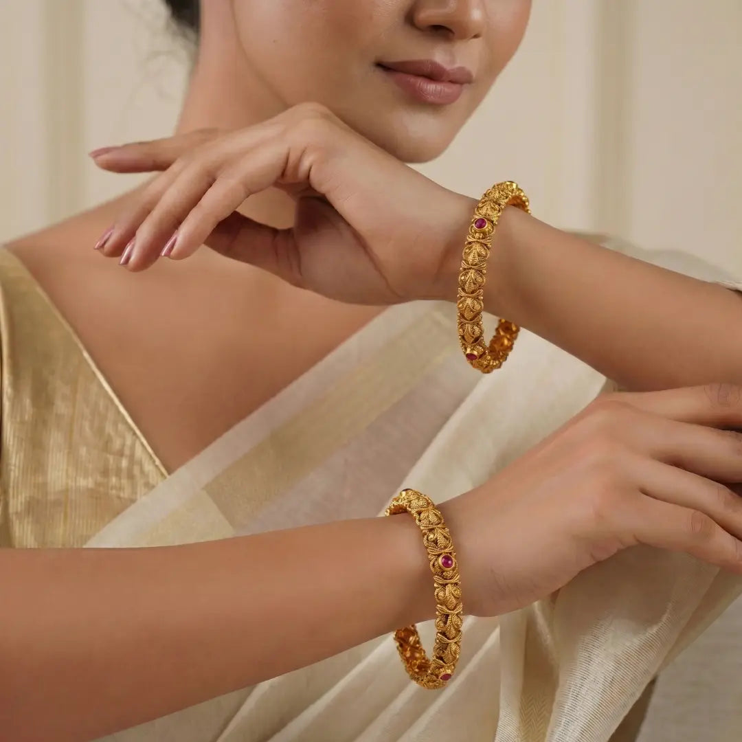 Meenakshi Rekha Valayal Paired Bangle | Gold-Plated Fish Eye Goddess Bangle V-2333