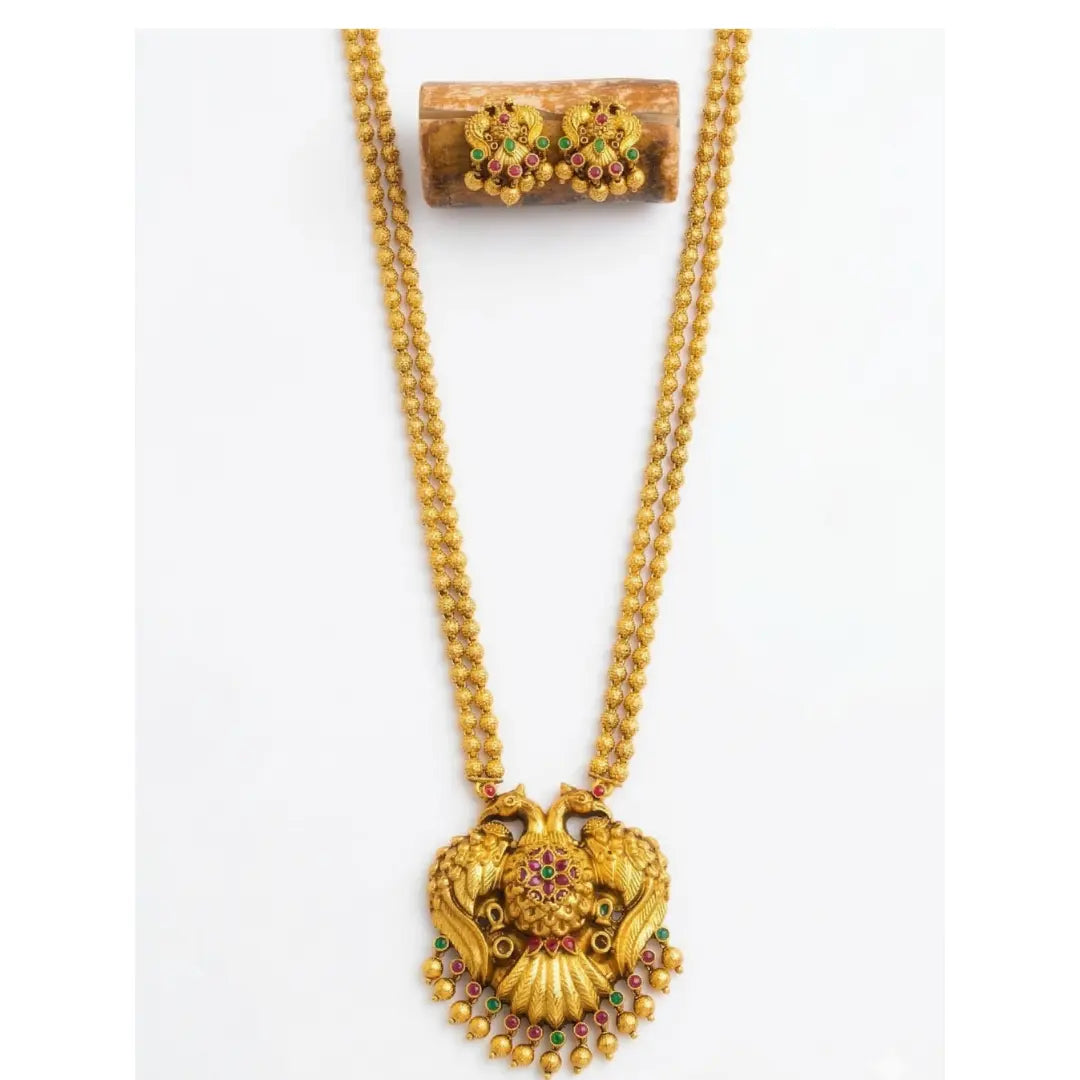 Antique Gandaberunda Temple Jewellery Pendant Set with Beaded Chain T-79