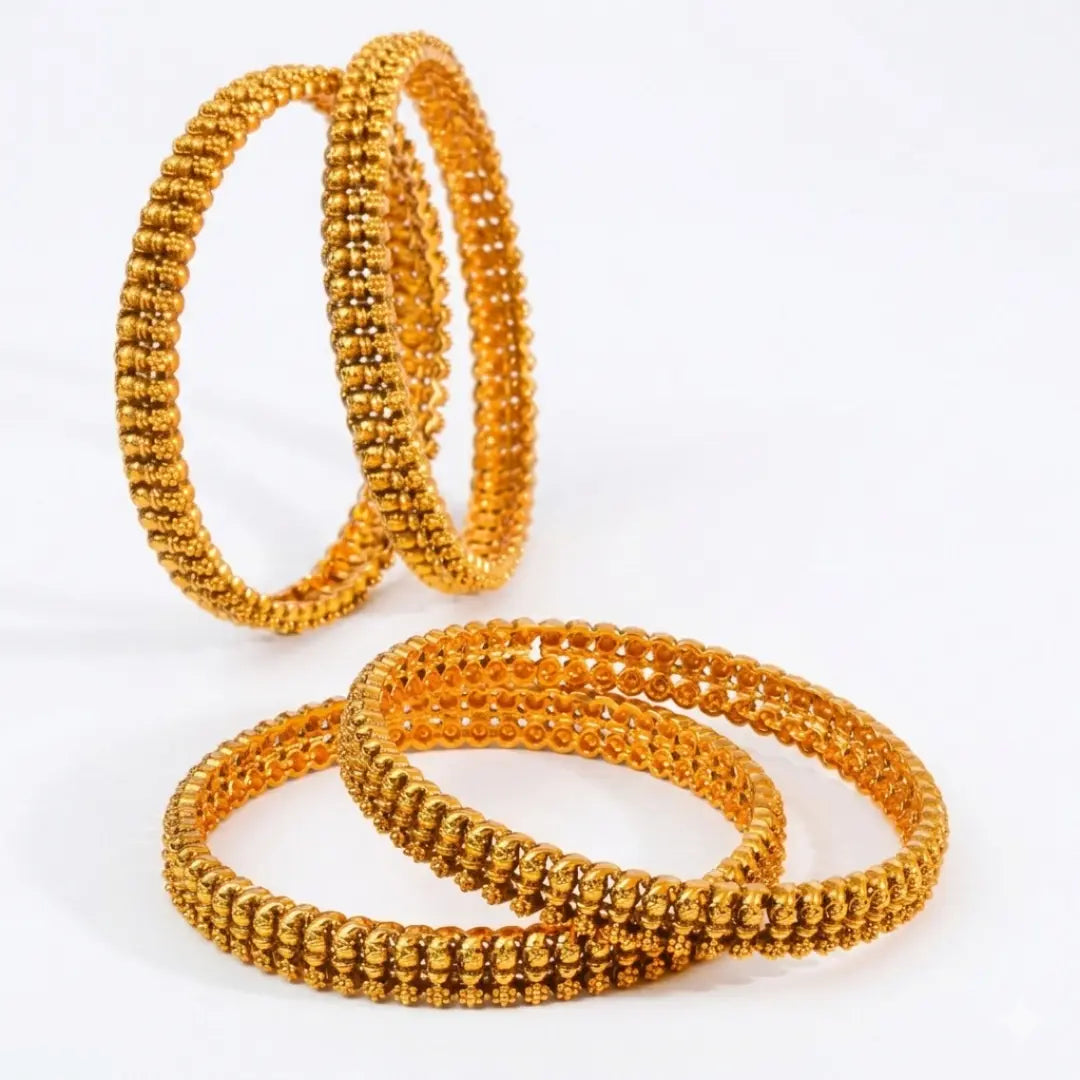 Navaratna Kaappu Paired Bangle | Gold-Plated Nine Gem Temple Bangle Set V-2468