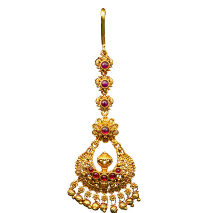 Minimalist Temple Maang Tikka – Gold-Plated Ruby Design