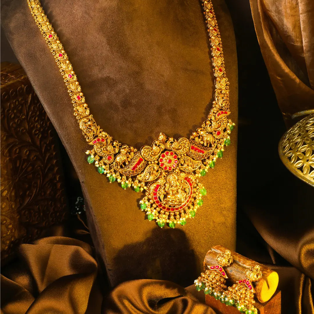 Meenakshi Rekha Haram Long Necklace Set | Gold-Plated Temple Jewellery J-867