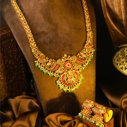Meenakshi Rekha Haram Long Necklace Set | Gold-Plated Temple Jewellery J-867