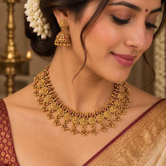 Annapurna Mukta Temple Jewellery Short Necklace Set for Bridal Wear K-1853