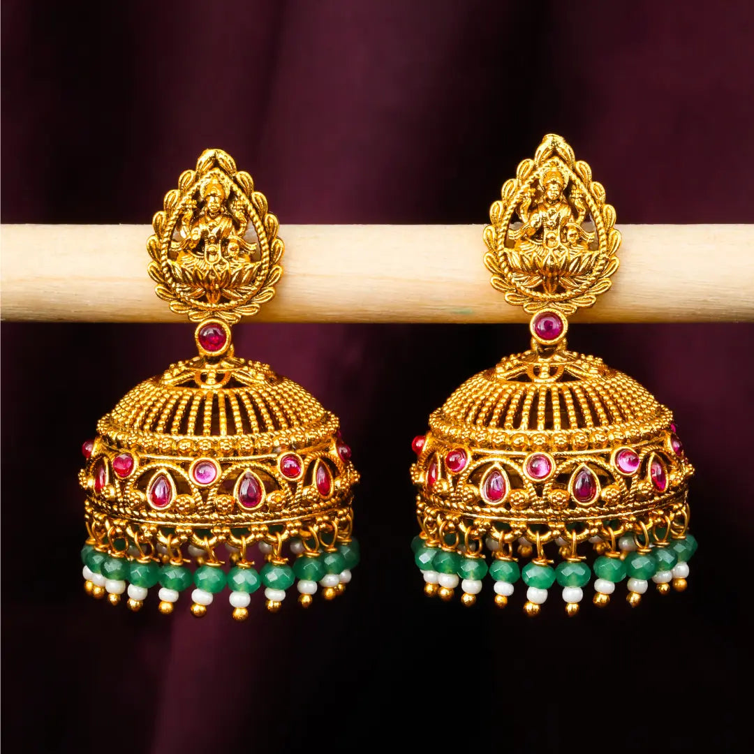 Antique Temple Jhumkas with Green Beads  R-2229