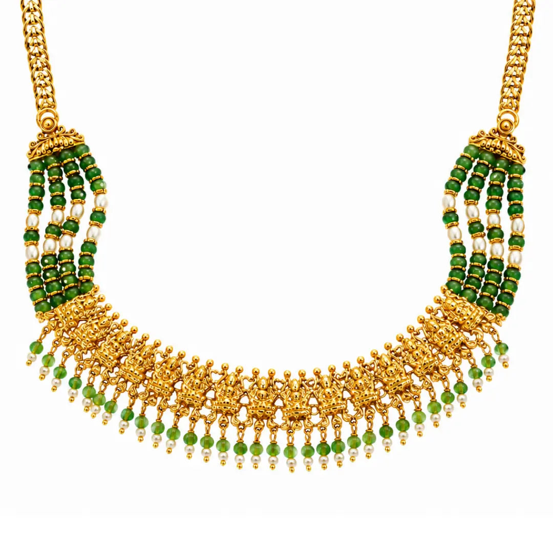 Haritashree Haram | Gold-Plated Green Goddess Temple Necklace Set