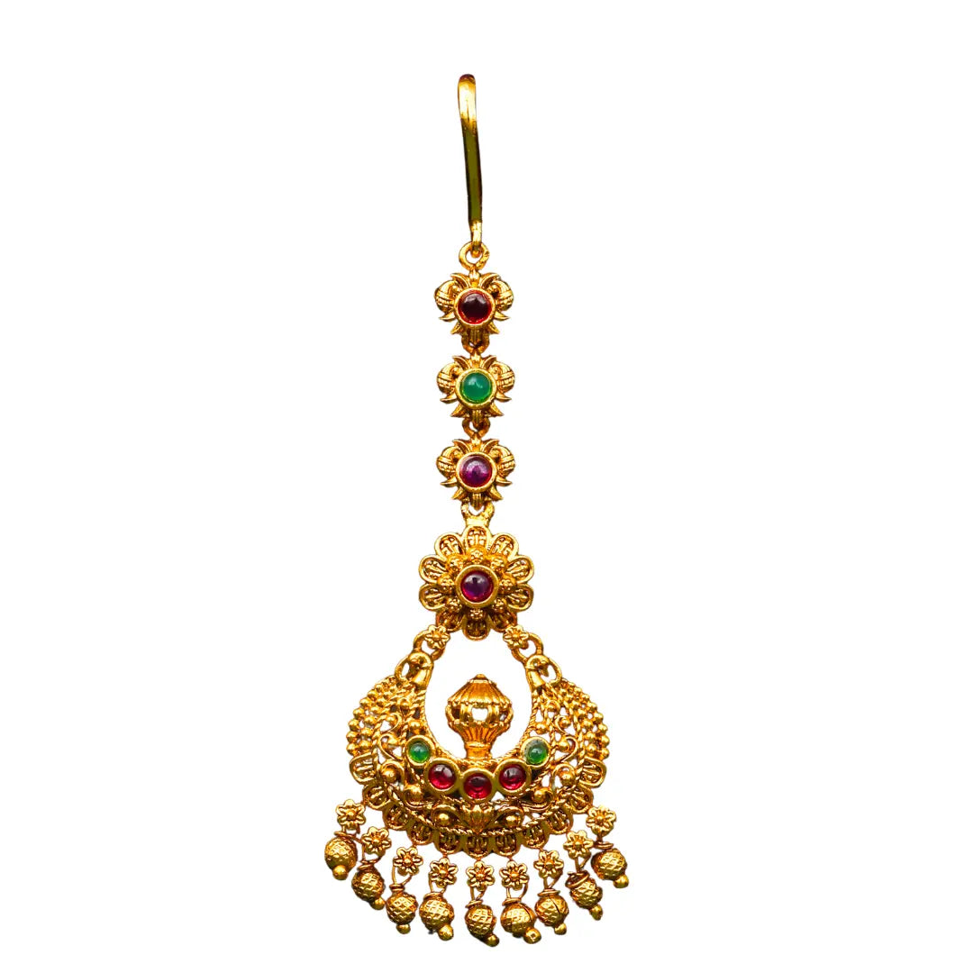 Minimalist Temple Maang Tikka – Gold-Plated Ruby Design