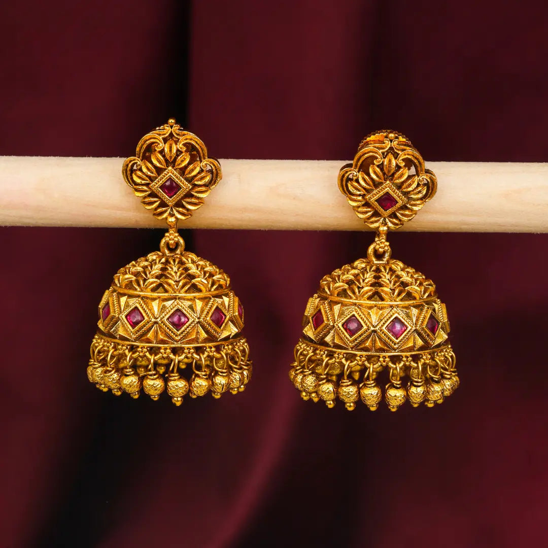 Minimal Gold Temple Jhumkas – Lightweight Ruby Accent Earring R-1156