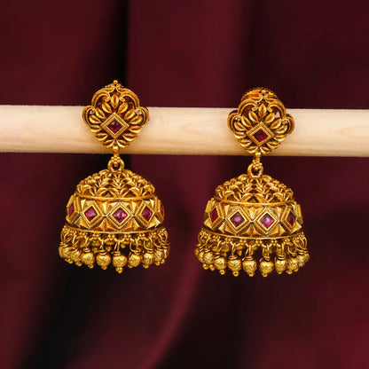 Minimal Gold Temple Jhumkas – Lightweight Ruby Accent Earring R-1156