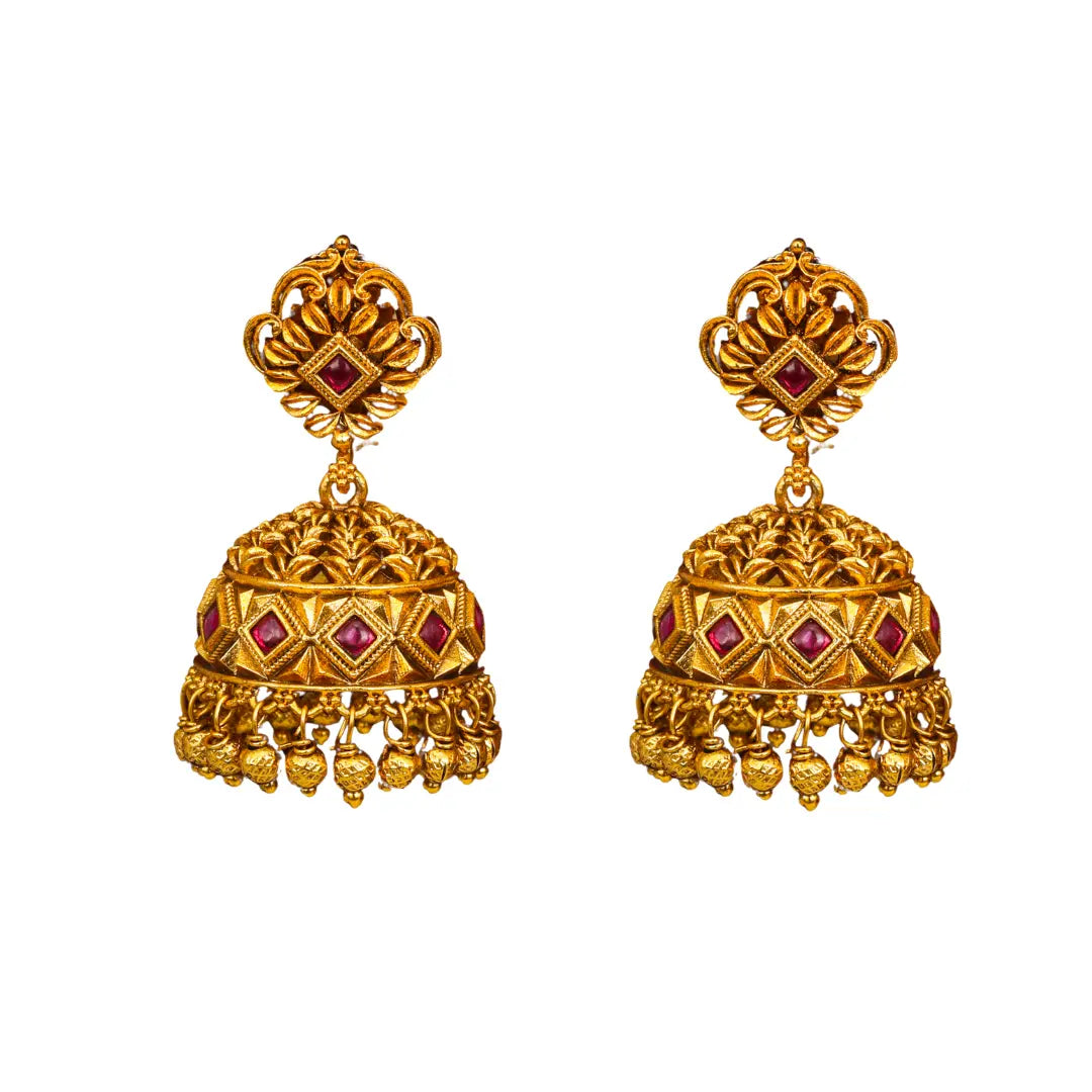 Minimal Gold Temple Jhumkas – Lightweight Ruby Accent Earring R-1156