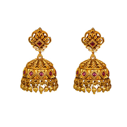 Minimal Gold Temple Jhumkas – Lightweight Ruby Accent Earring R-1156