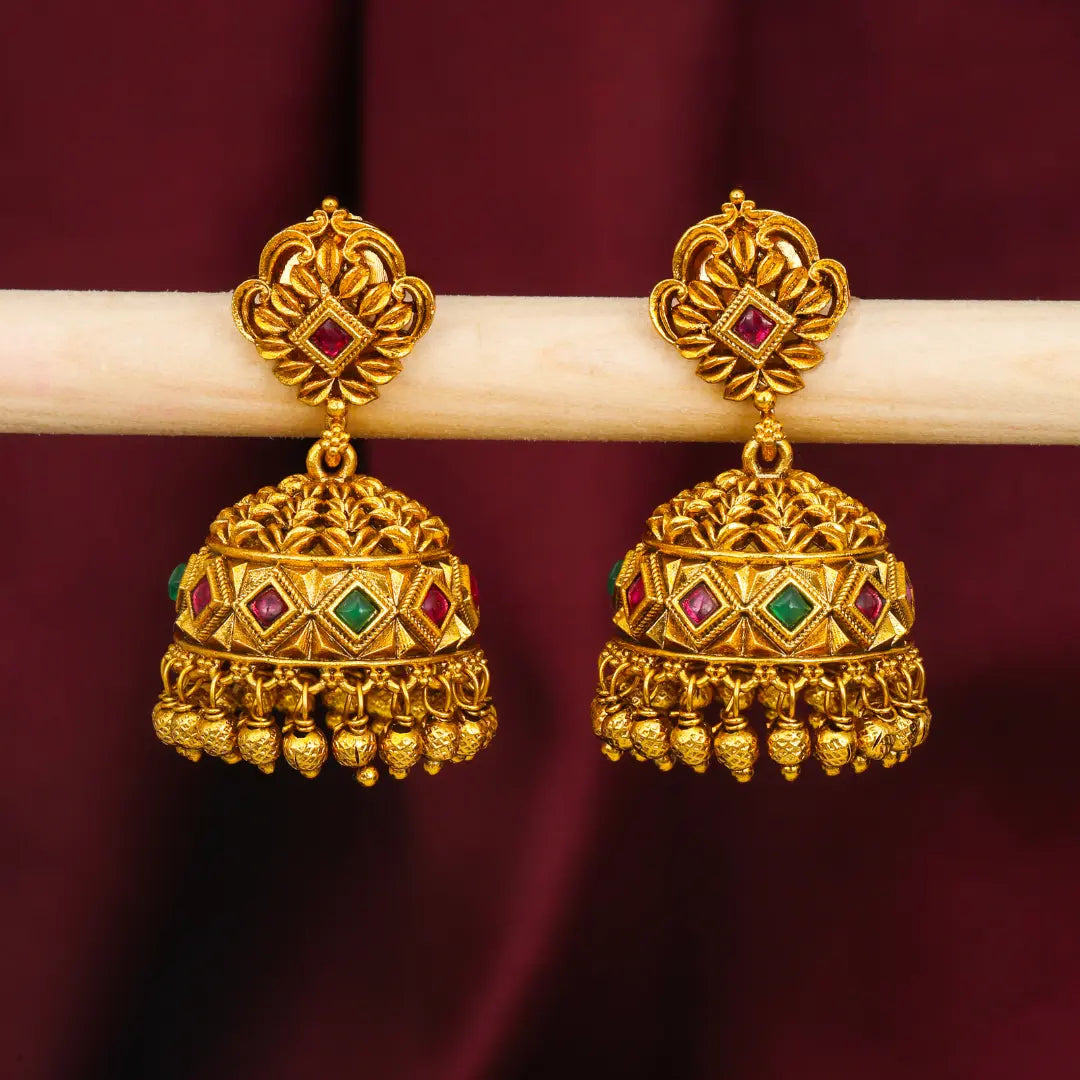 Minimal Gold Temple Jhumkas – Lightweight Ruby Accent Earring R-1156