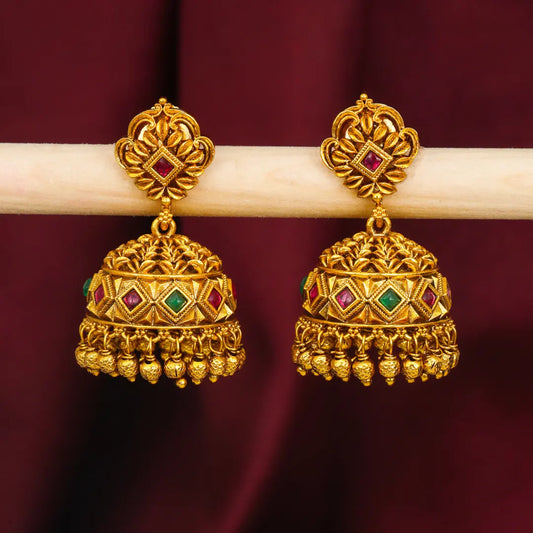 Minimal Gold Temple Jhumkas – Lightweight Ruby Accent Earring R-1156
