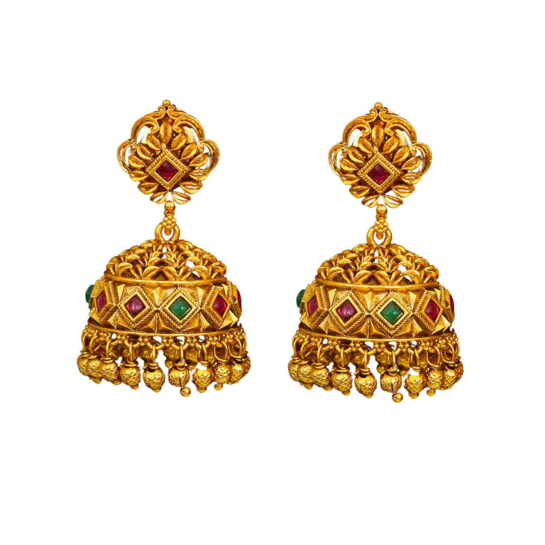Minimal Gold Temple Jhumkas – Lightweight Ruby Accent Earring R-1156