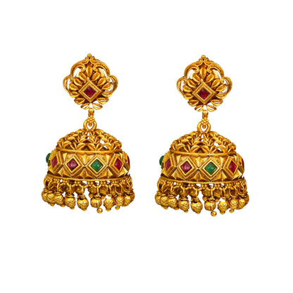 Minimal Gold Temple Jhumkas – Lightweight Ruby Accent Earring R-1156