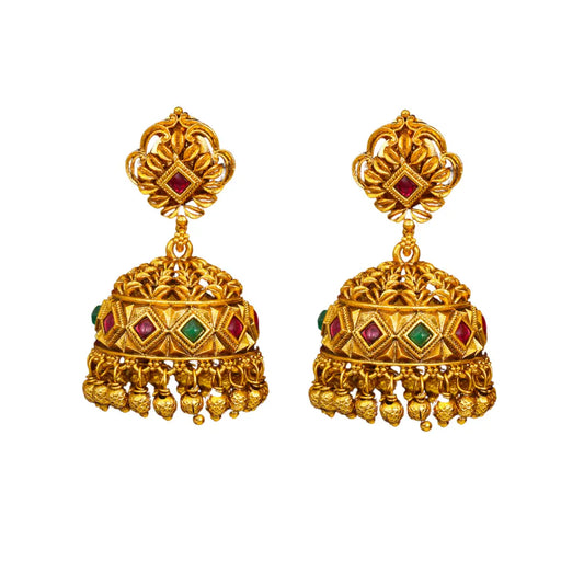 Minimal Gold Temple Jhumkas – Lightweight Ruby Accent Earring R-1156