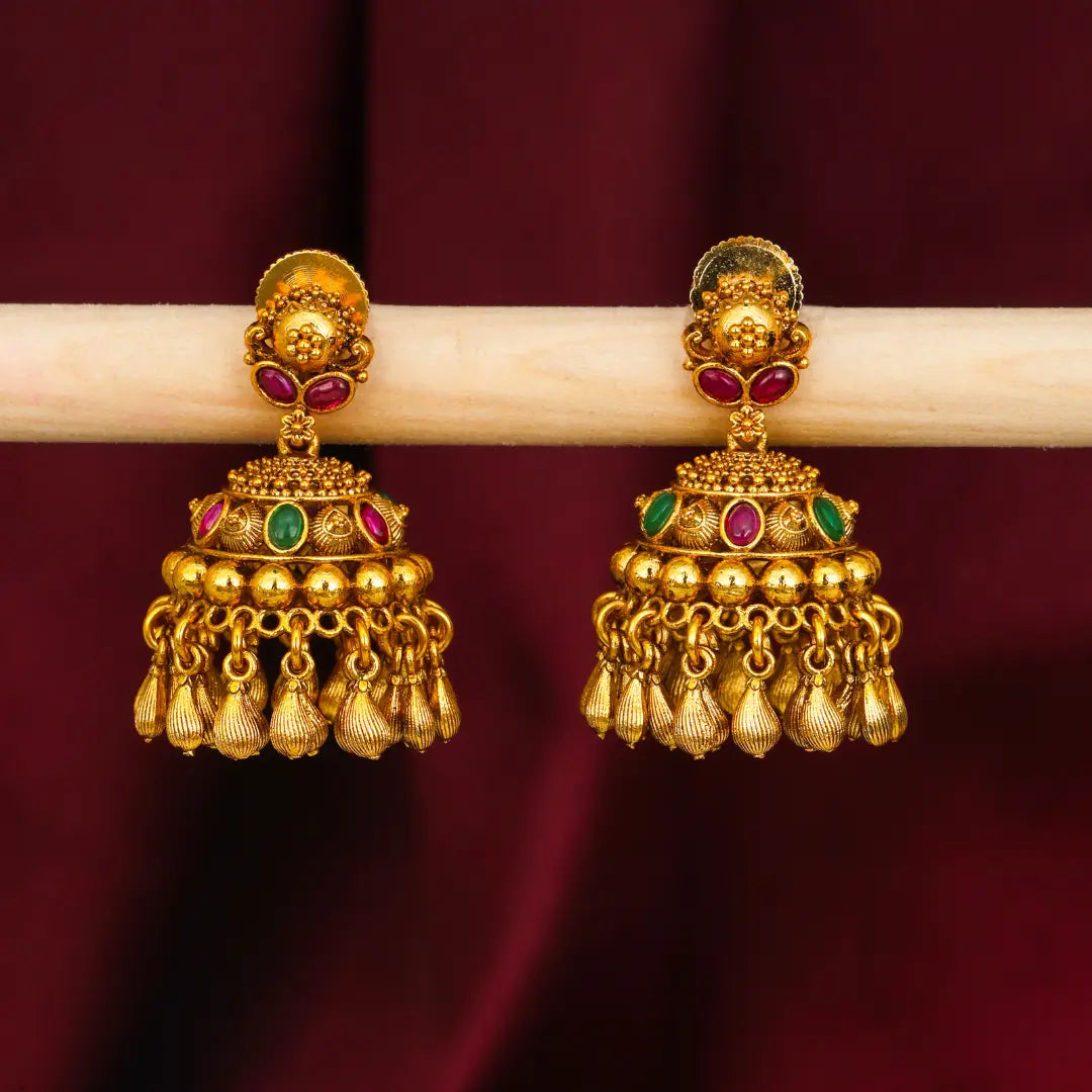 Trendy Minimalist Temple Jhumkas – Antique Gold Ruby Drop Design