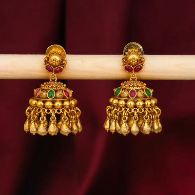 Trendy Minimalist Temple Jhumkas – Antique Gold Ruby Drop Design