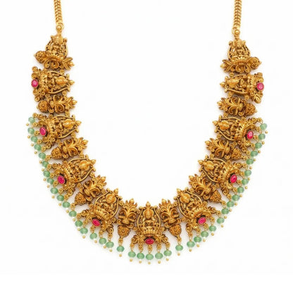 Lakshmi Temple Jewellery Short Necklace Set with Green Beads