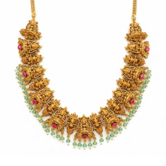 Lakshmi Temple Jewellery Short Necklace Set with Green Beads J-928