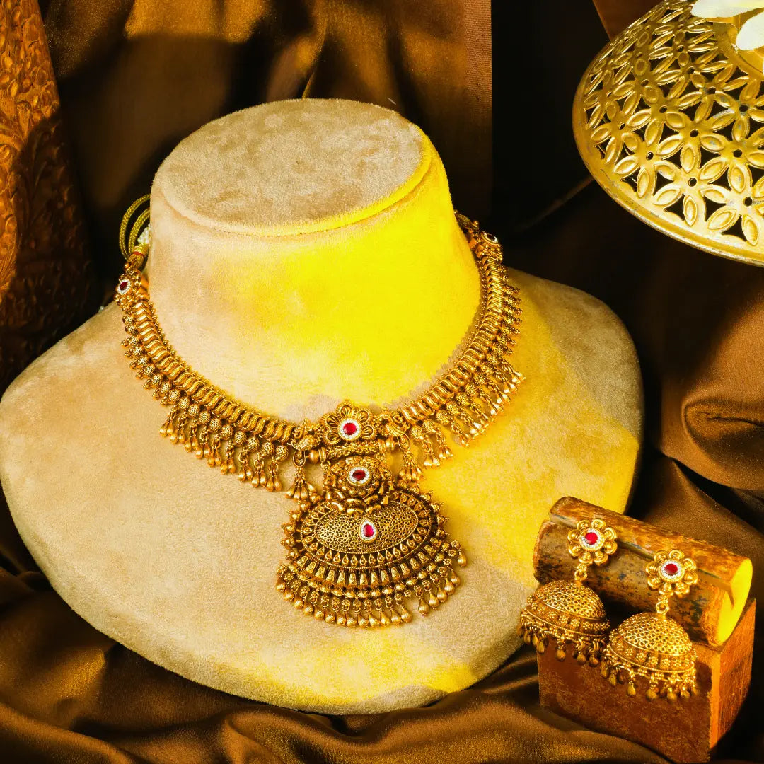 Padmavathi Rekha Haar Short Necklace Set | Gold-Plated Temple Jewellery J-850