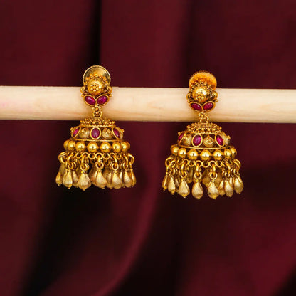 Trendy Minimalist Temple Jhumkas – Antique Gold Ruby Drop Design