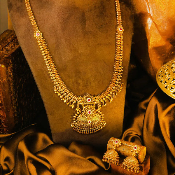 Saraswati Alankara Haram Long Necklace Set | Gold-Plated Temple Jewellery  J-851