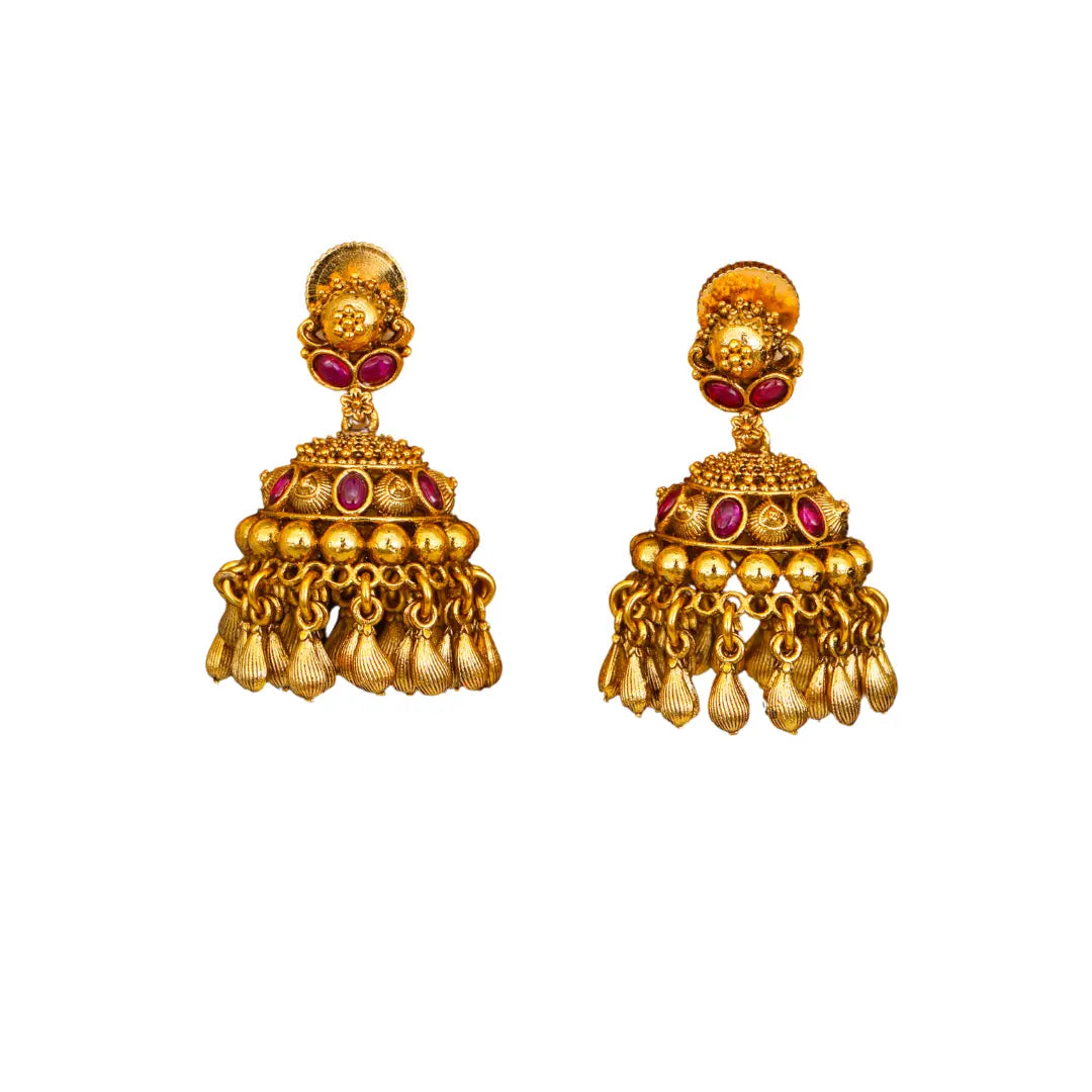 Trendy Minimalist Temple Jhumkas – Antique Gold Ruby Drop Design