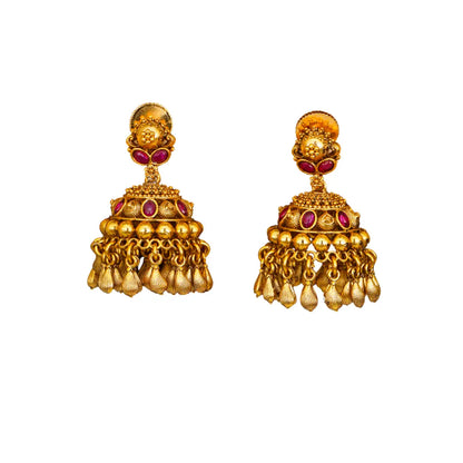 Trendy Minimalist Temple Jhumkas – Antique Gold Ruby Drop Design