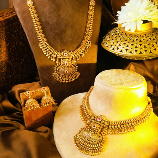 Mahalakshmi Kemp Combo Necklace Set | Gold-Plated Temple Jewellery
