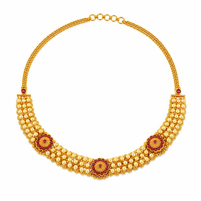 Antique Temple Jewellery Short Necklace Set with Ruby Floral Motifs