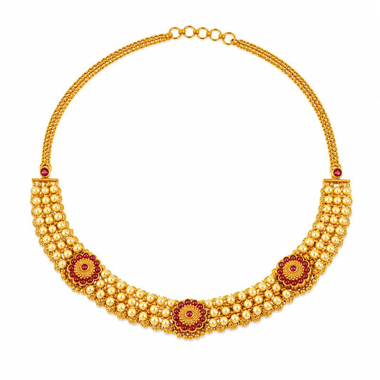 Antique Temple Jewellery Short Necklace Set with Ruby Floral Motifs