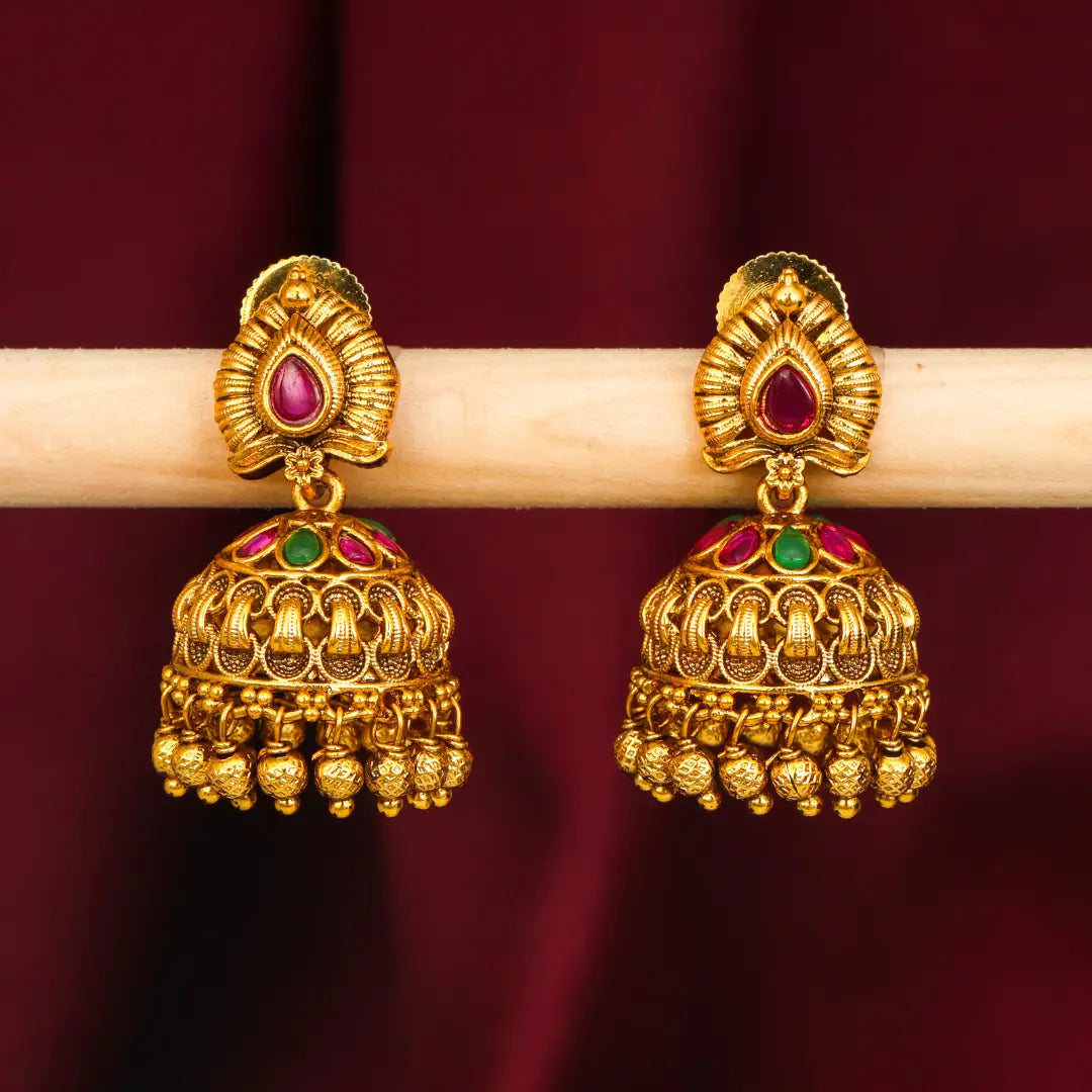 Lightweight Minimal Temple Jhumka – Gold-Plated Ruby Work