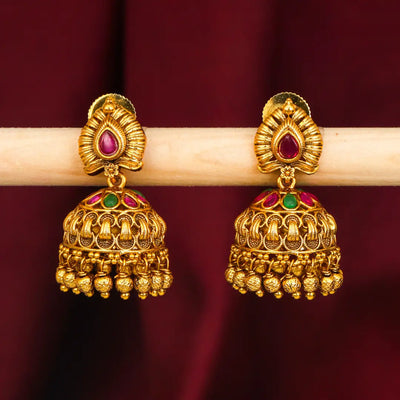 Lightweight Minimal Temple Jhumka – Gold-Plated Ruby Work