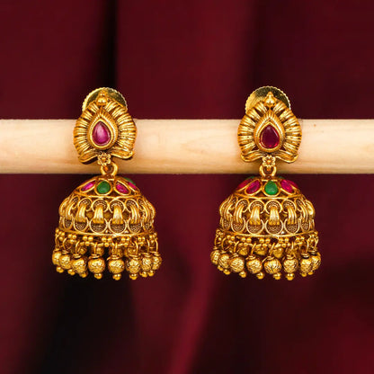 Lightweight Minimal Temple Jhumka – Gold-Plated Ruby Work