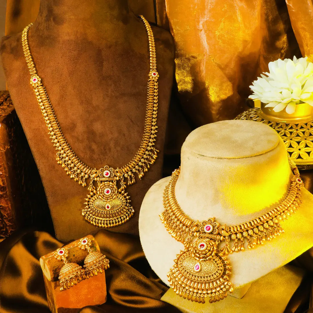 Mahalakshmi Kemp Combo Necklace Set | Gold-Plated Temple Jewellery