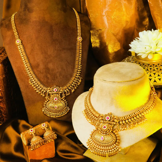 Mahalakshmi Kemp Combo Necklace Set | Gold-Plated Temple Jewellery