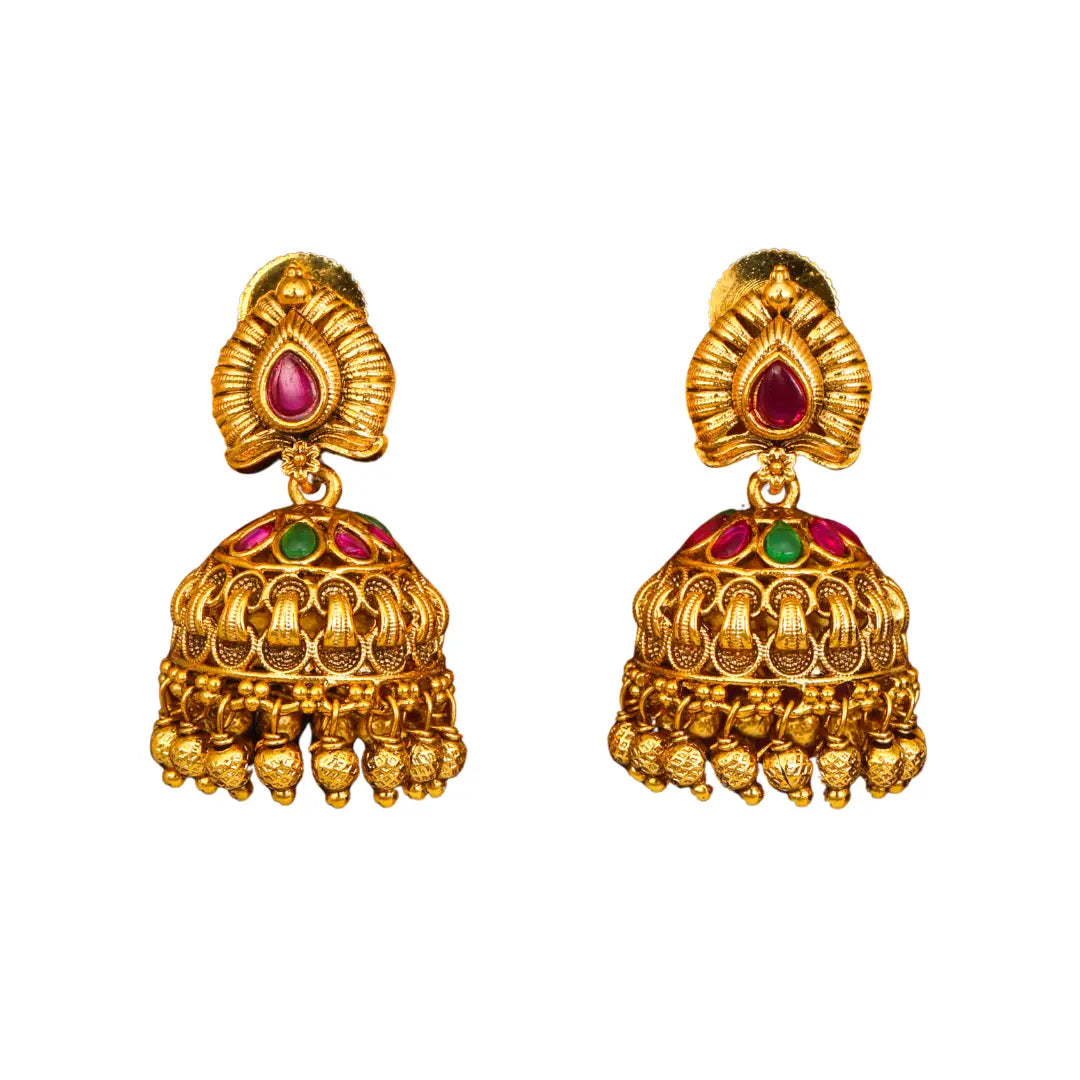 Lightweight Minimal Temple Jhumka – Gold-Plated Ruby Work