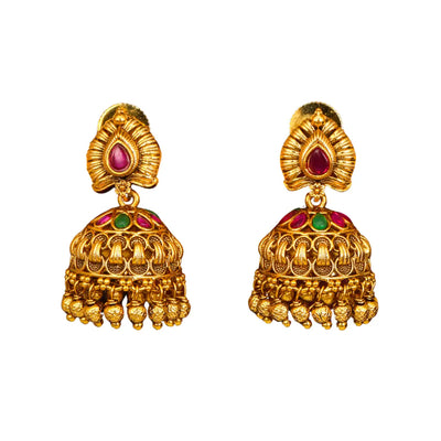 Lightweight Minimal Temple Jhumka – Gold-Plated Ruby Work R-2348
